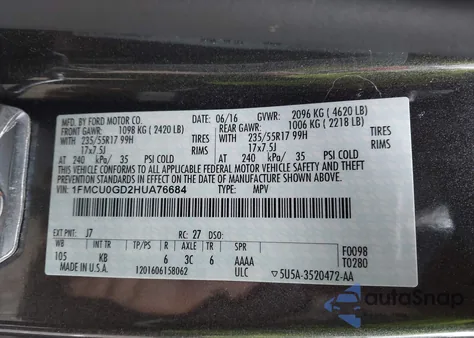 2017 Ford Escape Se из США, поврежденный, VIN 1FMCU0GD2HUA76684